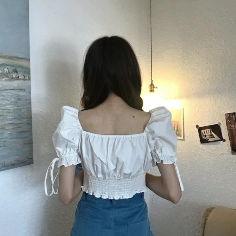 WTEMPO Women Summer Solid Retro Bandage Design Slim Cropped Tops Korean Style Ladies Elegant College Shirts