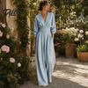 Simple Design Jumpsuit Women's Long Sleeve Jumpsuit, Deep V Neck Loose Wide Leg Everyday Wear Rompers, High Waist Summer Casual One Piece Outfits with