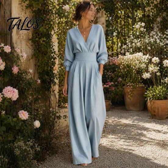 Simple Design Jumpsuit Women's Long Sleeve Jumpsuit, Deep V Neck Loose Wide Leg Everyday Wear Rompers, High Waist Summer Casual One Piece Outfits with
