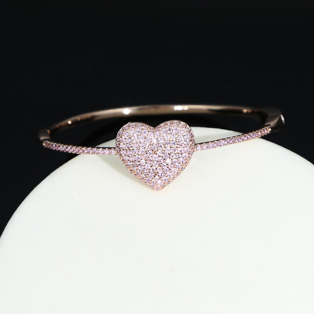 60mm pink Plated Iced Out Bling Women Jewelry Cz Big Heart Charm Women Thin Bangle Bracelet