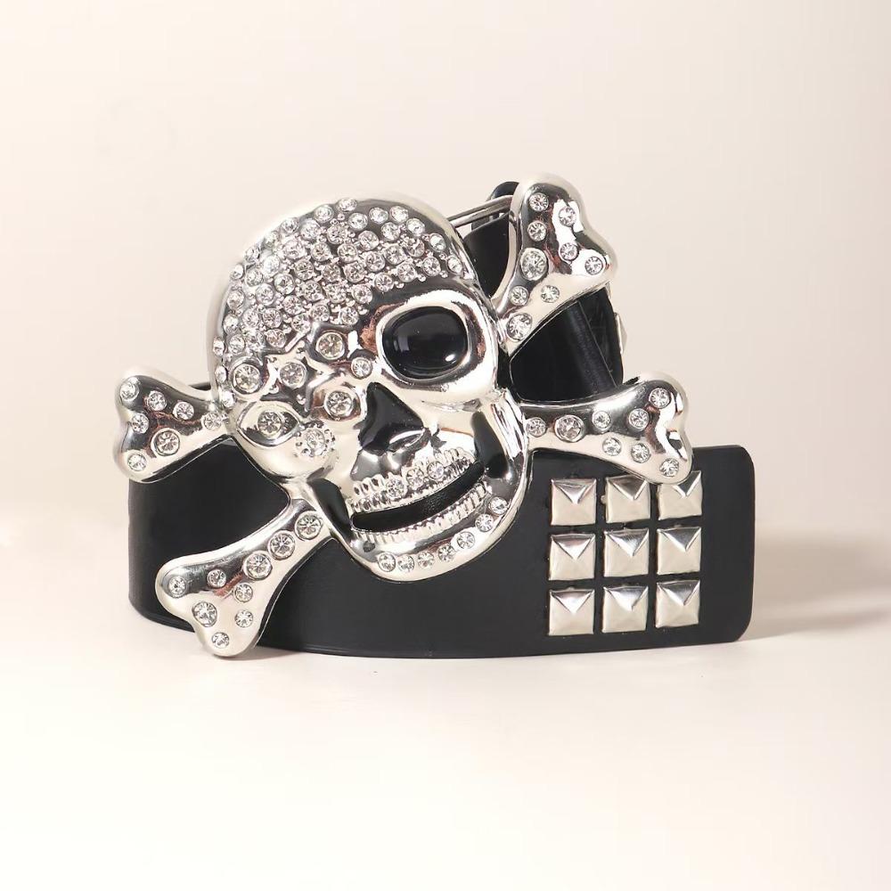 Rhinestone Black Rivet Belt Adjustable Skeleton Belt Skull Wide Waistband Trouser Decoration