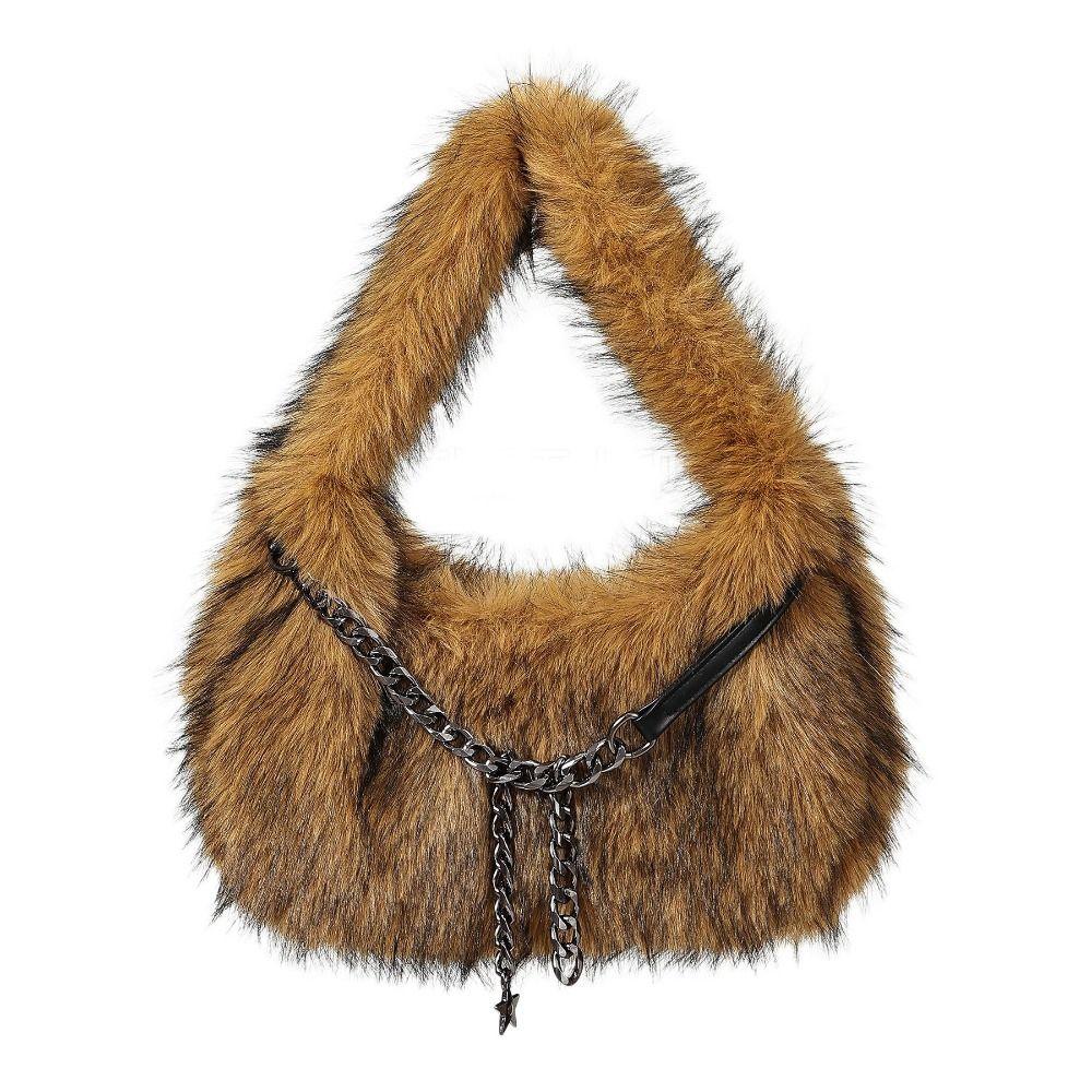 Stars Chains Fluffy Hobo Bags Y2k Fluffy Tote Bag Portable PU Handbag Lady