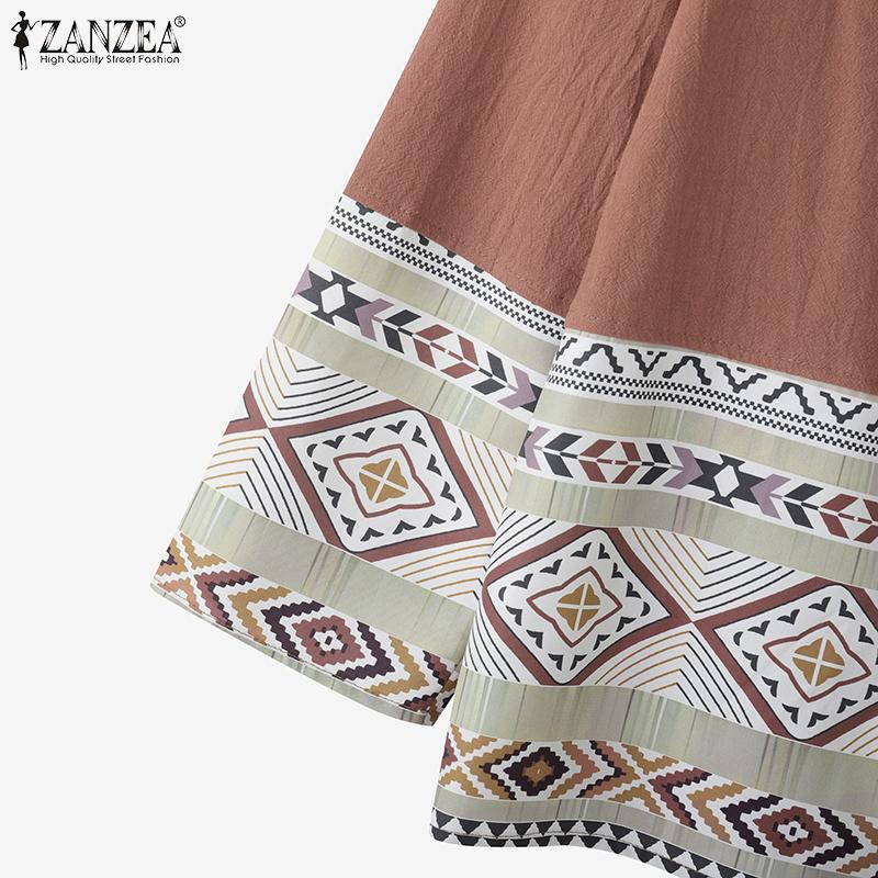 ZANZEA Women Casual Round Neck Long Sleeve Ethnic Print Loose Zipper Blouse
