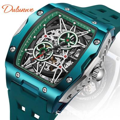 Tonneau Mens Skeleton Mechanical Automatic Watch Avantgardní design Luxusní světelné vodotěsné hodinky pro sportovní podnikání