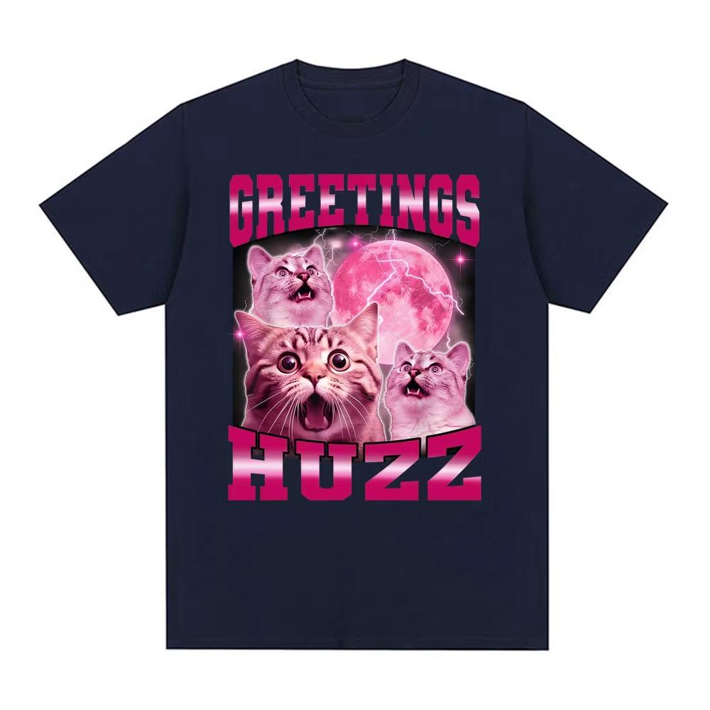 Greetings Huzz Funny Cat Gen Z Gen Alpha Slang Short Sleeve Tshirts Unisex Fashion Retro Casual Comfortable and Soft Clothing