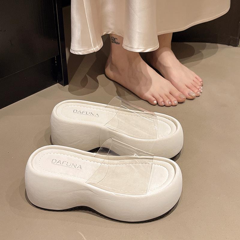 In the Summer of 2025, the New One-word Transparent Open-toed Muffin with Thick Bottom Waterproof Table Slope Heel and Cool Slippers.