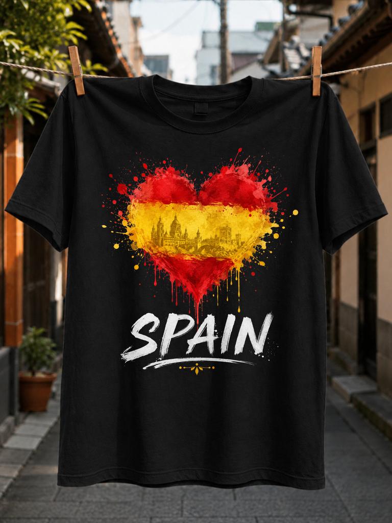 Spain Heart Skyline Graphic Red Yellow FlAg Paint Splash With Historic City Silhouette And Bold Unisex All TShirt