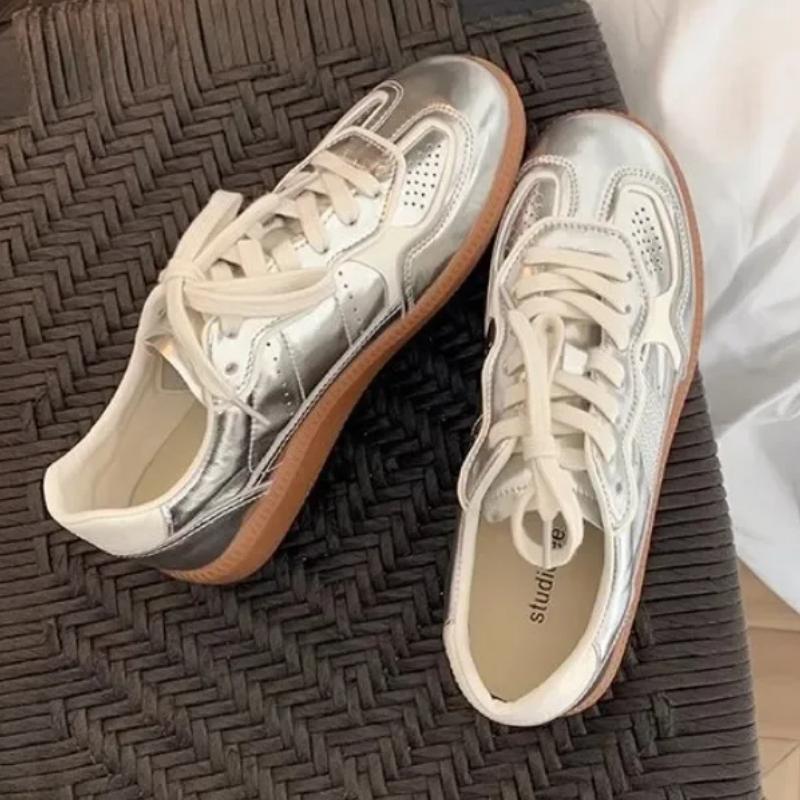 

Women Outdoor Silver Jogging Sneakers Casual Skateboard Flats Walking Shoes Lace Up Elastic Tennis Athletic trainers Footwear 35 серебряный