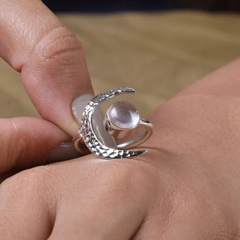 Rose Quartz Round Gemstone Ring, Crescent Moon Ring, 925 Sterling Silver, Boho Ring, Unique Gift, Stackable Ring
