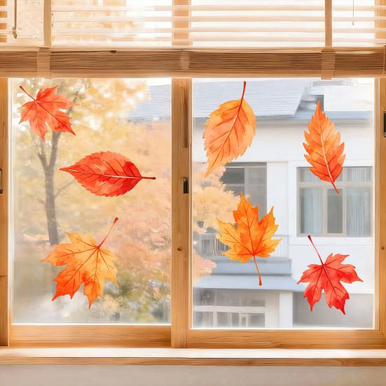 Watercolor Maple Leaf Static Cling Window Sticker, Removable & No Adhesive Home Decor, Decorative Glass Decal for Bedroom and Balcony
