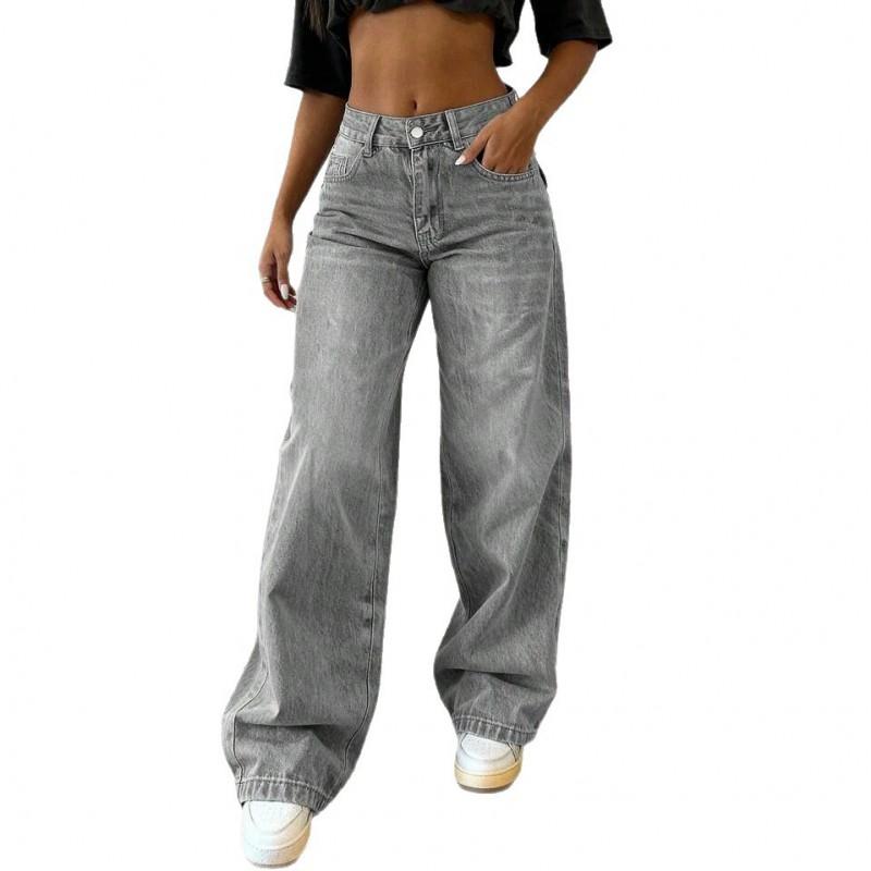 Womens High-Waisted Wide-Leg Straight Cut Denim Pants Loose Fit Street Style 2026