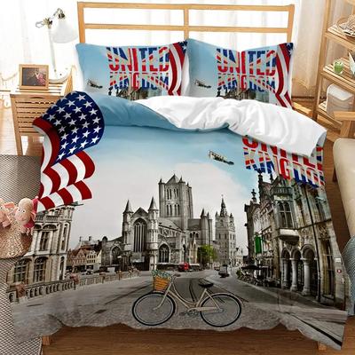 Capa de Edredom Cenário Urbano Castelo Bicicleta Prédio Retrô Cultura Britânica Tradicional Tamanho Duplo Queen King Poliéster Capa de Colcha