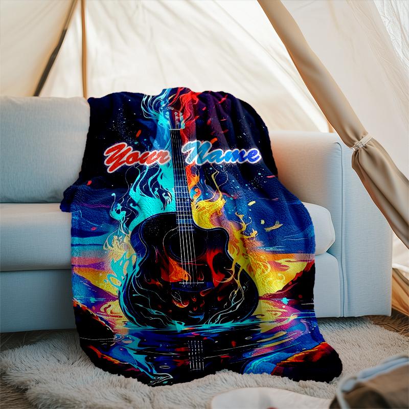 1PC Custom Name "Flame Guitar Artwork" outdooor Flannel blankets Patterns Throw Blanket All-Season Soft Gift for Couch, Bed, Camping gifts