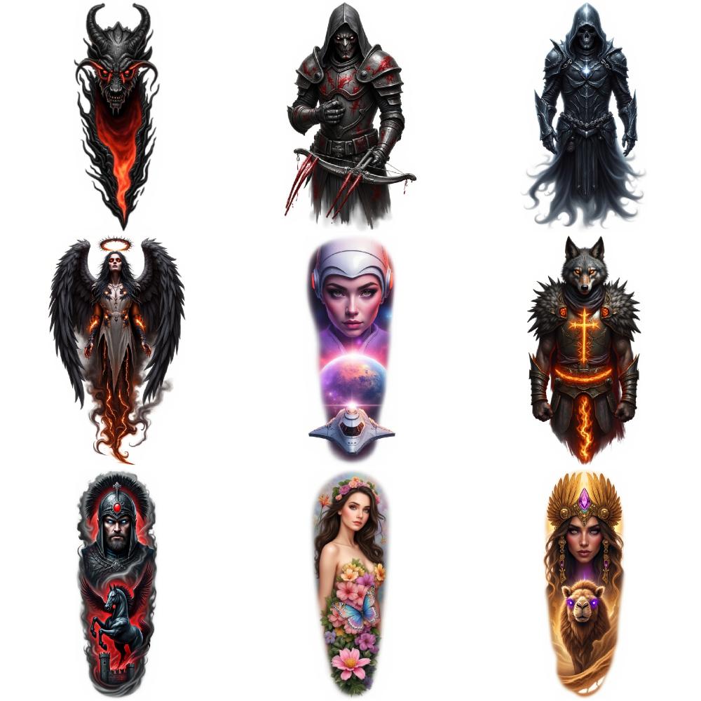 9pcs Temporary Tattoo Waterproof Long-lasting Body Stickers Dark Angel Wisdom Wizard Pegasus For Shoulders Thighs Male