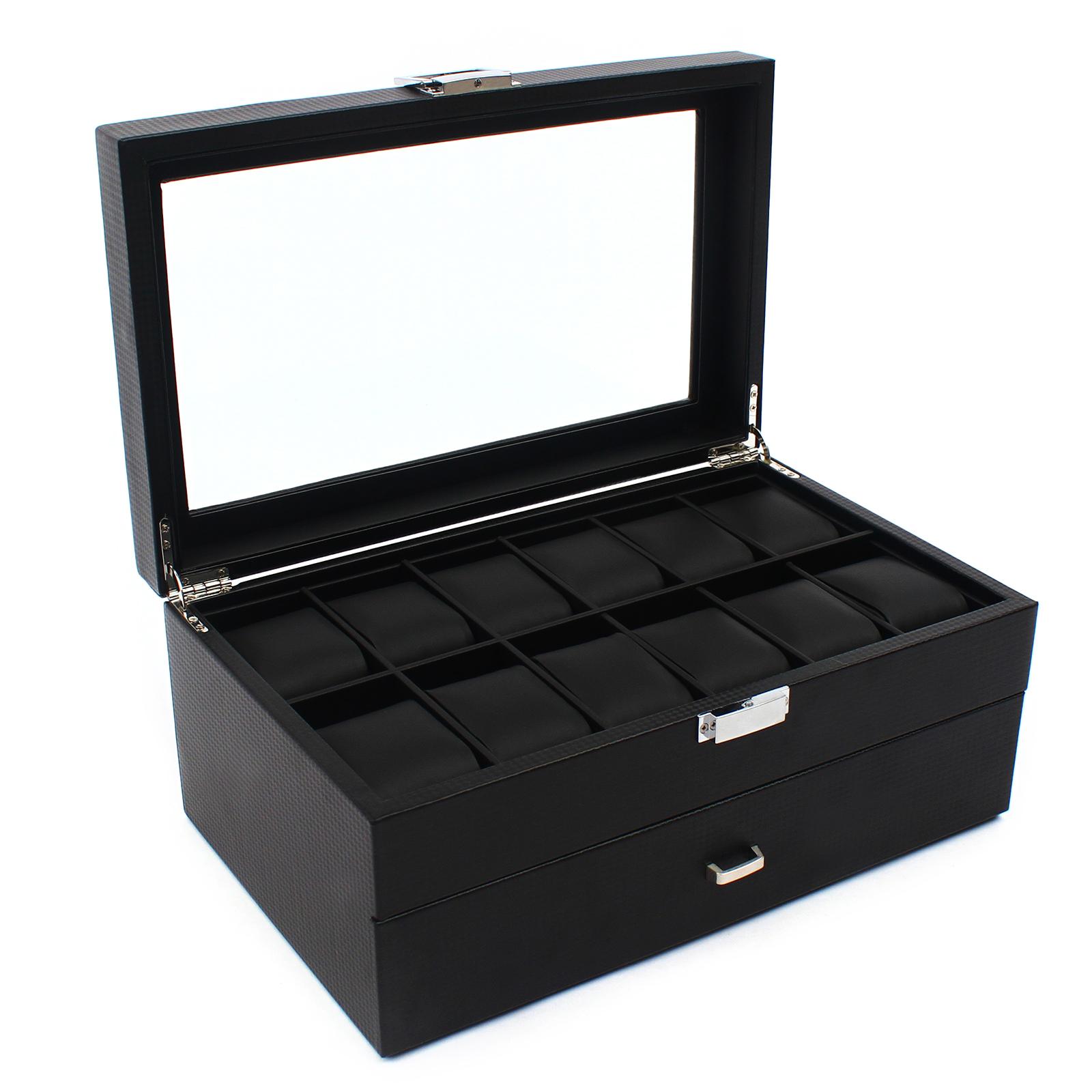 

24 Slots Watch Box for Men, Wooden Carbon Fiber Display Case with Glass Top for Jewelry Rings Organizer Storage, Gift Idea чорний