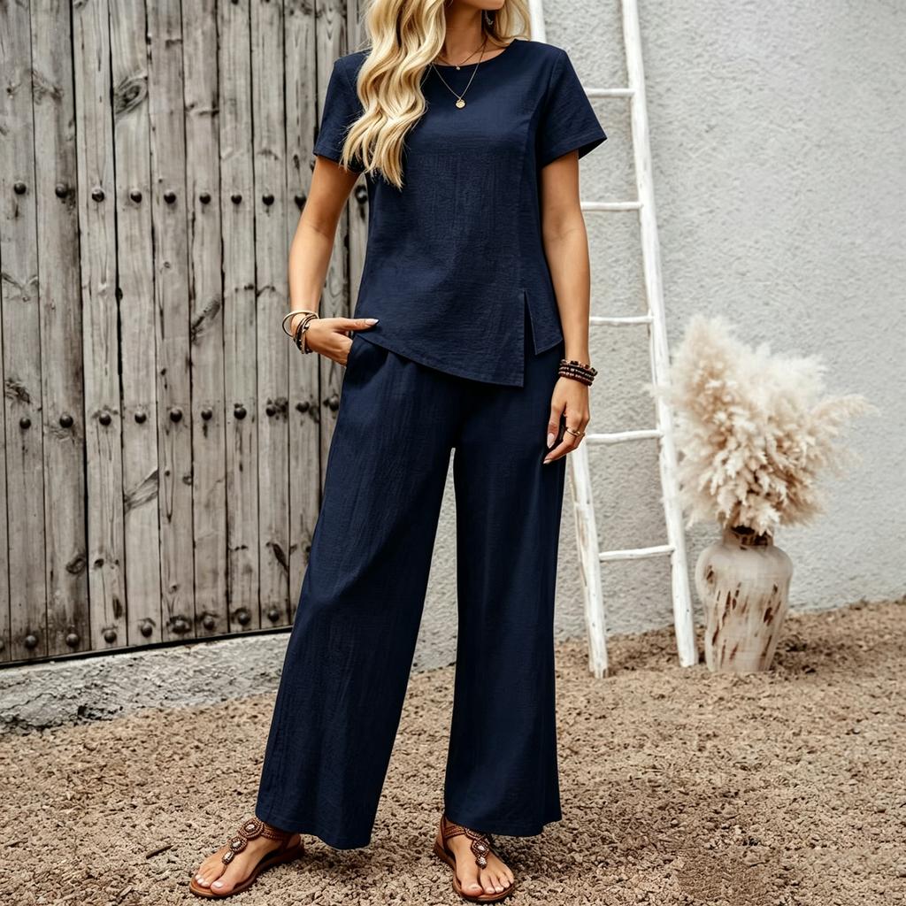 Women's Casual Two Piece Set Loose Fit Pullover Short Sleeve Top and Wide Leg Pants Lounge Wear Set for Daily Use
