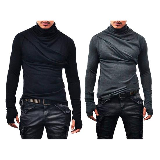 Spring Autumn Men Top Neck Protection High Collar Slim Fit Stretchy Pleated Long Sleeves Pullover