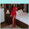 Sexy Red Satin Night Dress With 3d Floral Embellishments For Evening Wear