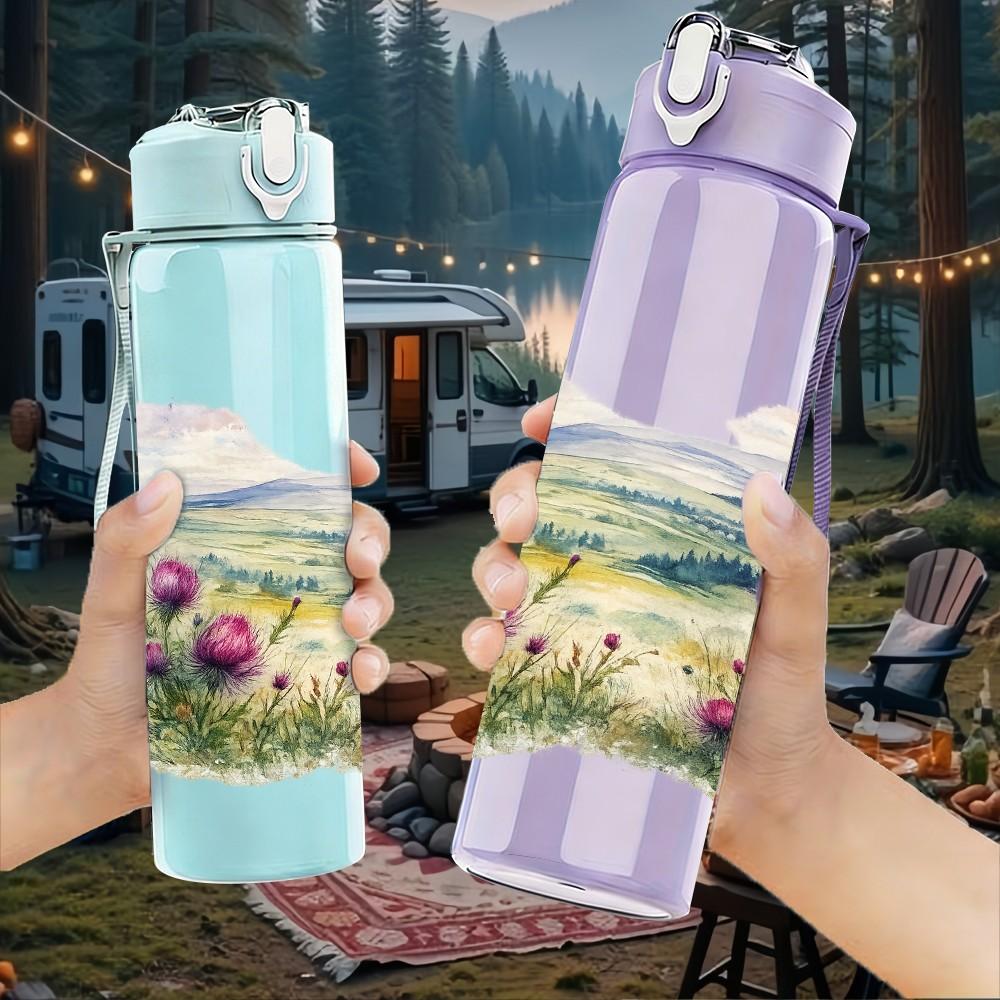 1PC Soft Pastel Mountain Lake Landscape Print 750ml Color Plastic Sports Water Bottle Leakproof Flip Straw Lid Suitable for Sports Office Home Use