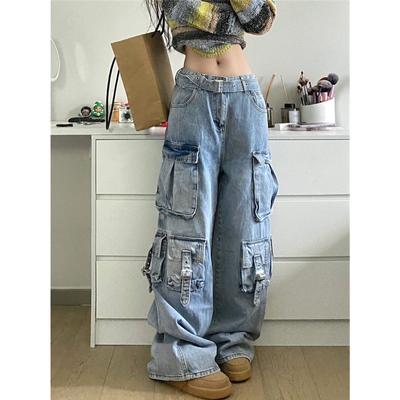 Autumn Winter New Ladies Cargo Jeans American Street Style Baggy Cargo Pants Women Blue Multi-pocket Wide Leg Jeans For Women