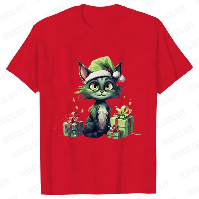 New Year Short Sleeve Tshirt Cute Cat Print Tops Fashion Xmas Unisex Tees Shirt Trend Graphic Christmas Male Oversized Clothing