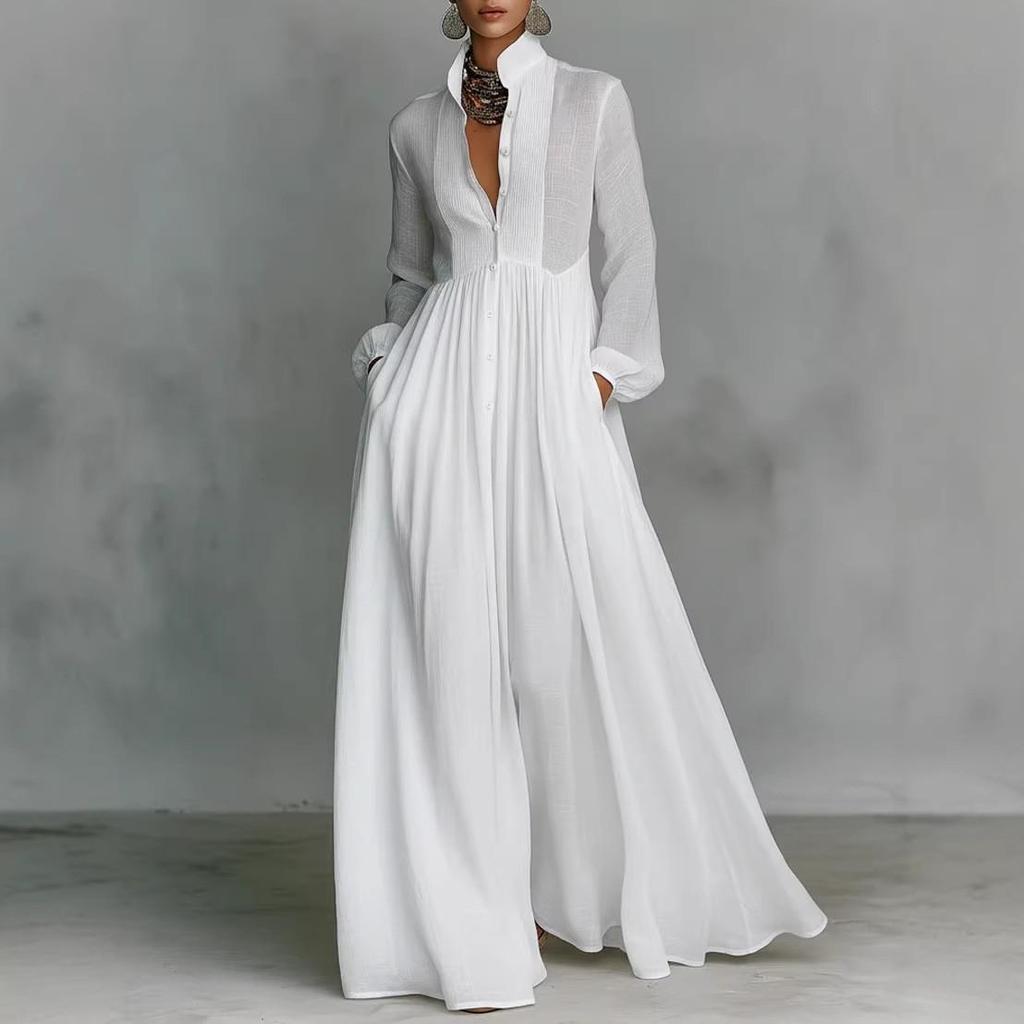 2026 Elegant White Pleated Long-Sleeve Slimming Dress with Word Print - Perfect for Holidays