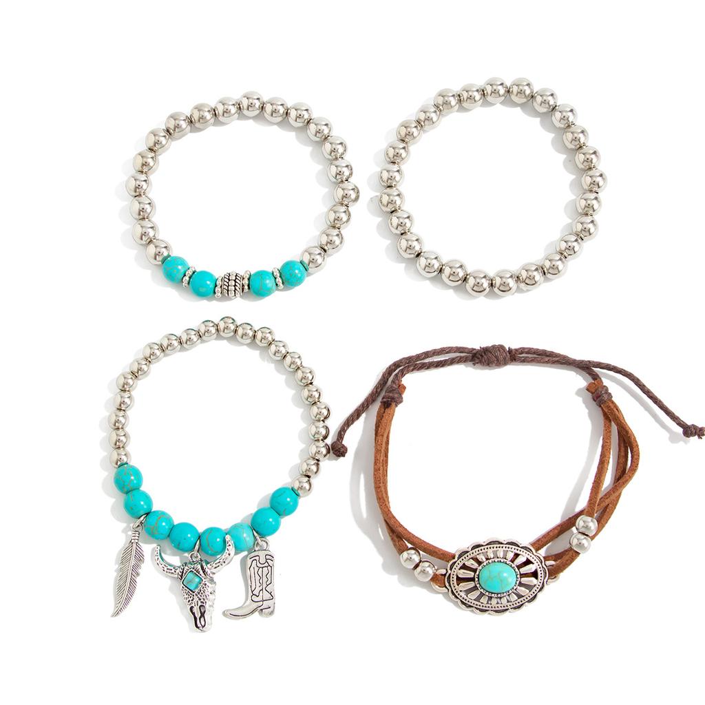 Retro Ethnic Style Bull Head Pendant Bracelet Set, Bohemian Flower Plate Turquoise Beaded Jewelry.