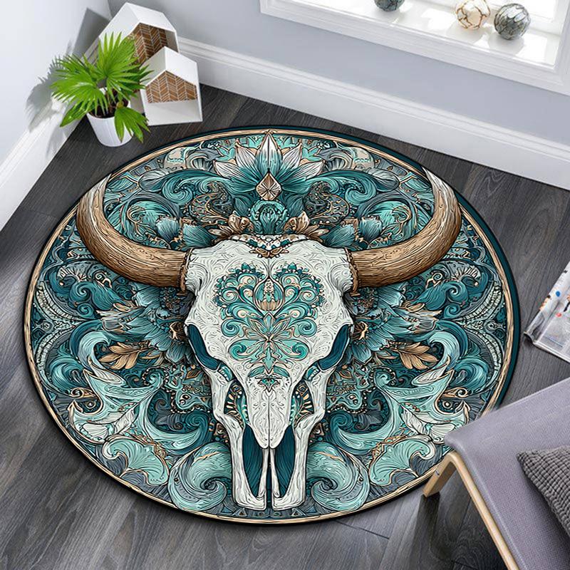 

Bohemian Buffalo Skull Round Area Rug,Carpet Rug for Living Room Bedroom Sofa Playroom Decor,Non-slip Floor Mat 80cmx80cm