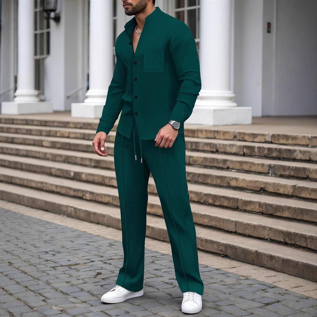Men's European Autumn Waffle Knit Stand Collar Cardigan & Long Pants Set