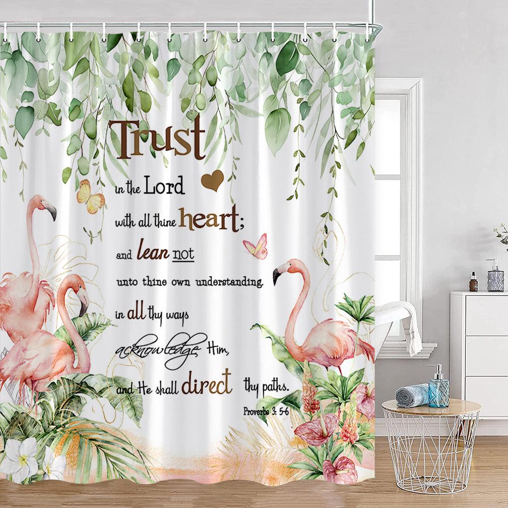 Flamingos Shower Curtains Tropical Leaves Pink Birds Green Plants Bathroom Curtain Polyester Fabric Home Decorations with Hooks