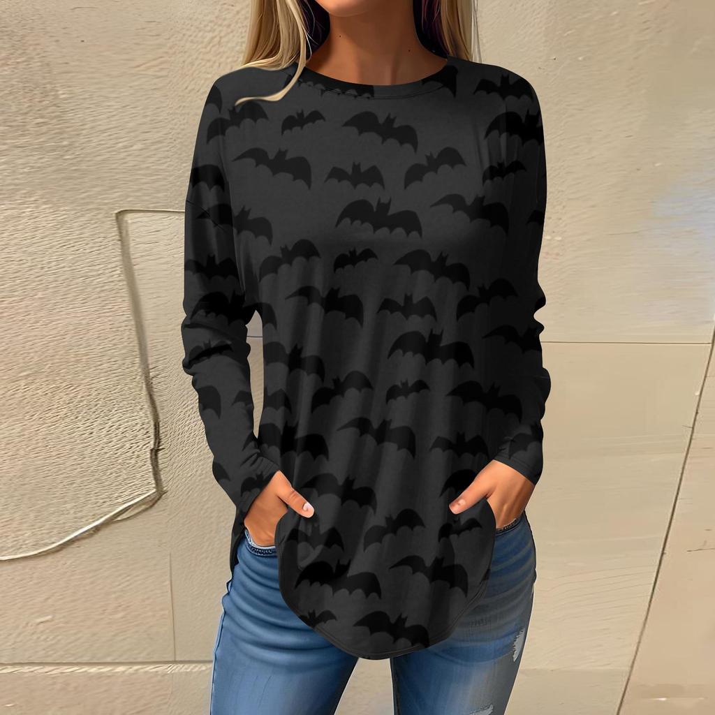 Women's Loose Round Neck  Print Long Sleeve T-Shirt Top Pullover