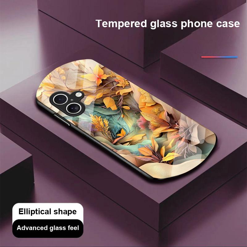 Złoty Liść Czarny Dla Apple IPhone 16 11 13 15 14 Pro Max 12 Mini 7 8 Plus XR X XS Etui na telefon z hartowanego szkła o eliptycznym kształcie