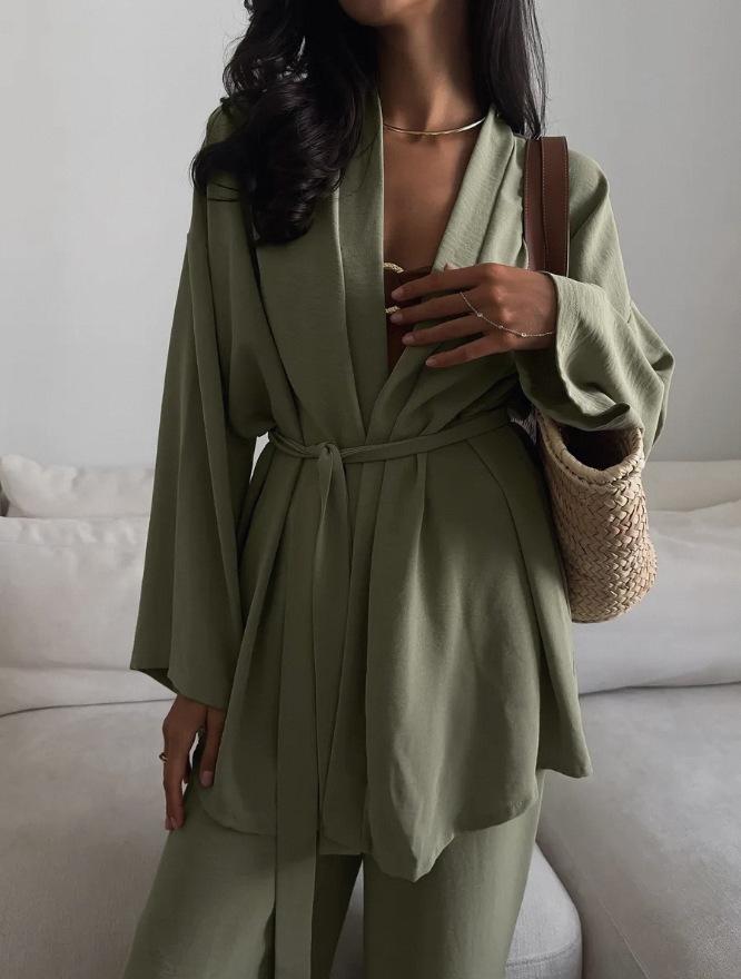 Women's Autumn Casual Two-Piece Set: Waist-Cinching Belted Cardigan & Long Pants