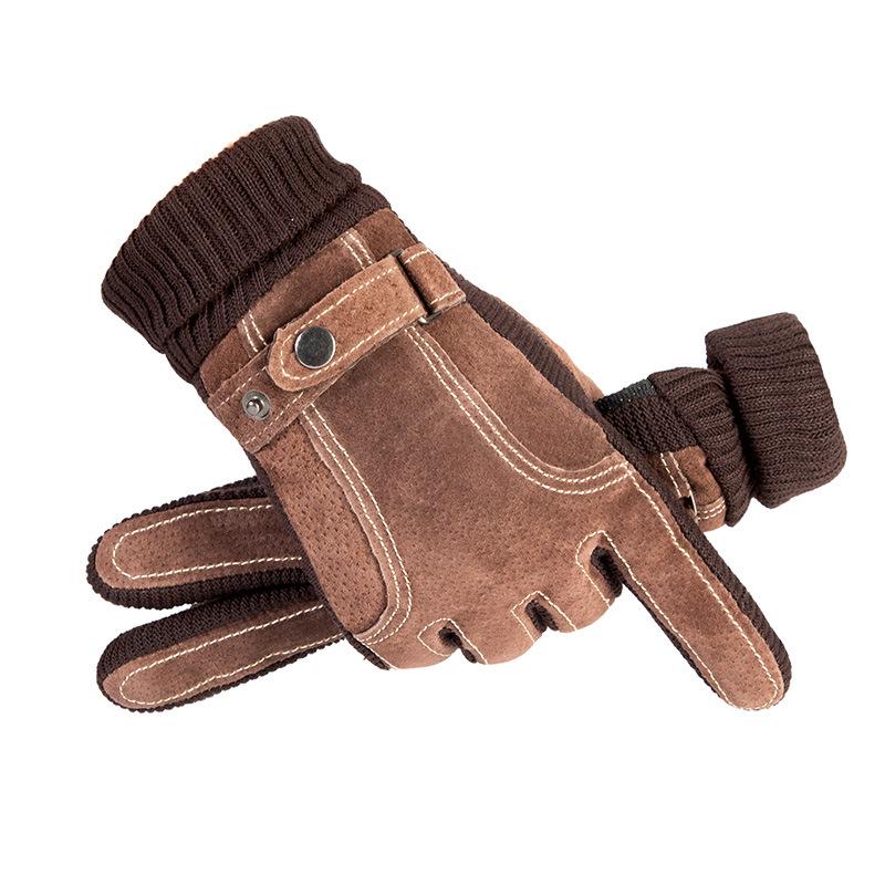 Warm Gloves for Men and Women Pigskin Ribbed Plus Velvet Full Finger Gloves Outdoor Riding Cold Touch Screen Autumn and Winter Gloves