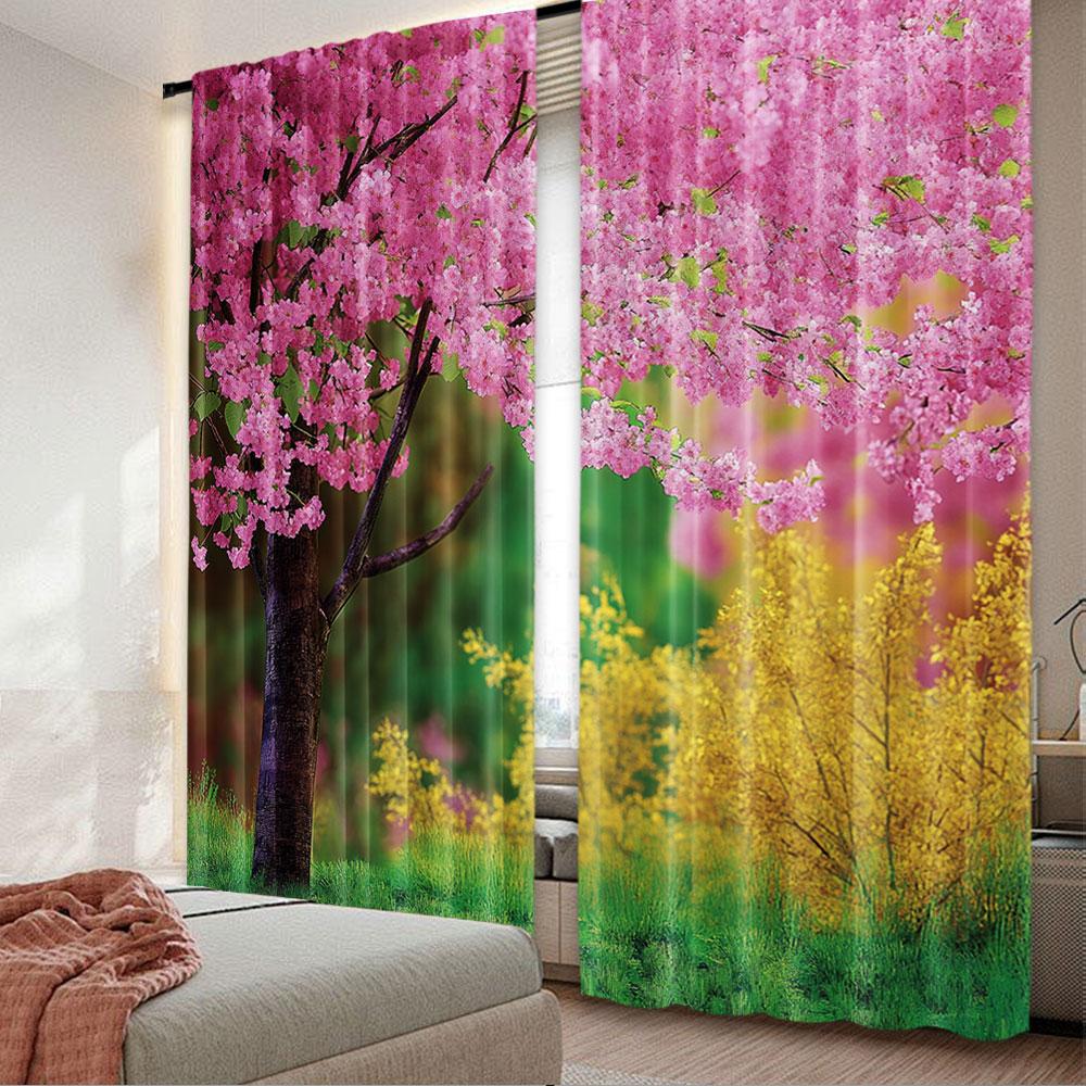 2Pcs Japanese Curtains Sakura Flowers Trees In Spring Garden Landscape Floral Pink Blossom Pattern Living Room Bedroom Window