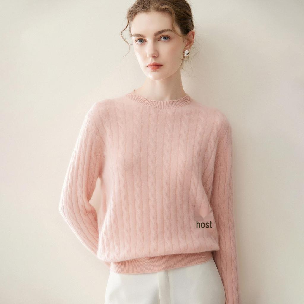 Women's 100% Pure Cashmere Round Neck Cable Knit Sweater for Autumn/Winter
