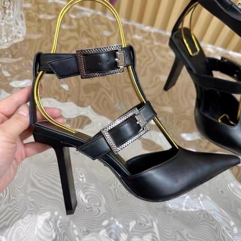 Fashion New Metal Decorative Belt Buckle Pointed Flat Heel High-heeled Shoes European American Fashion Spicy Girl Party Women Sandals