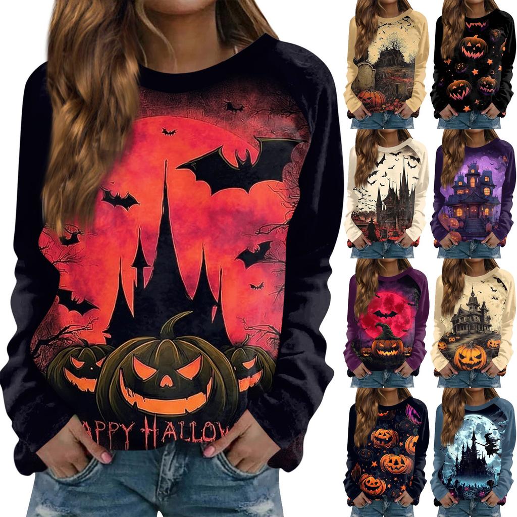 Women's Fashion Casual Long Sleeve Halloween Printed Round Neck Sweater Top