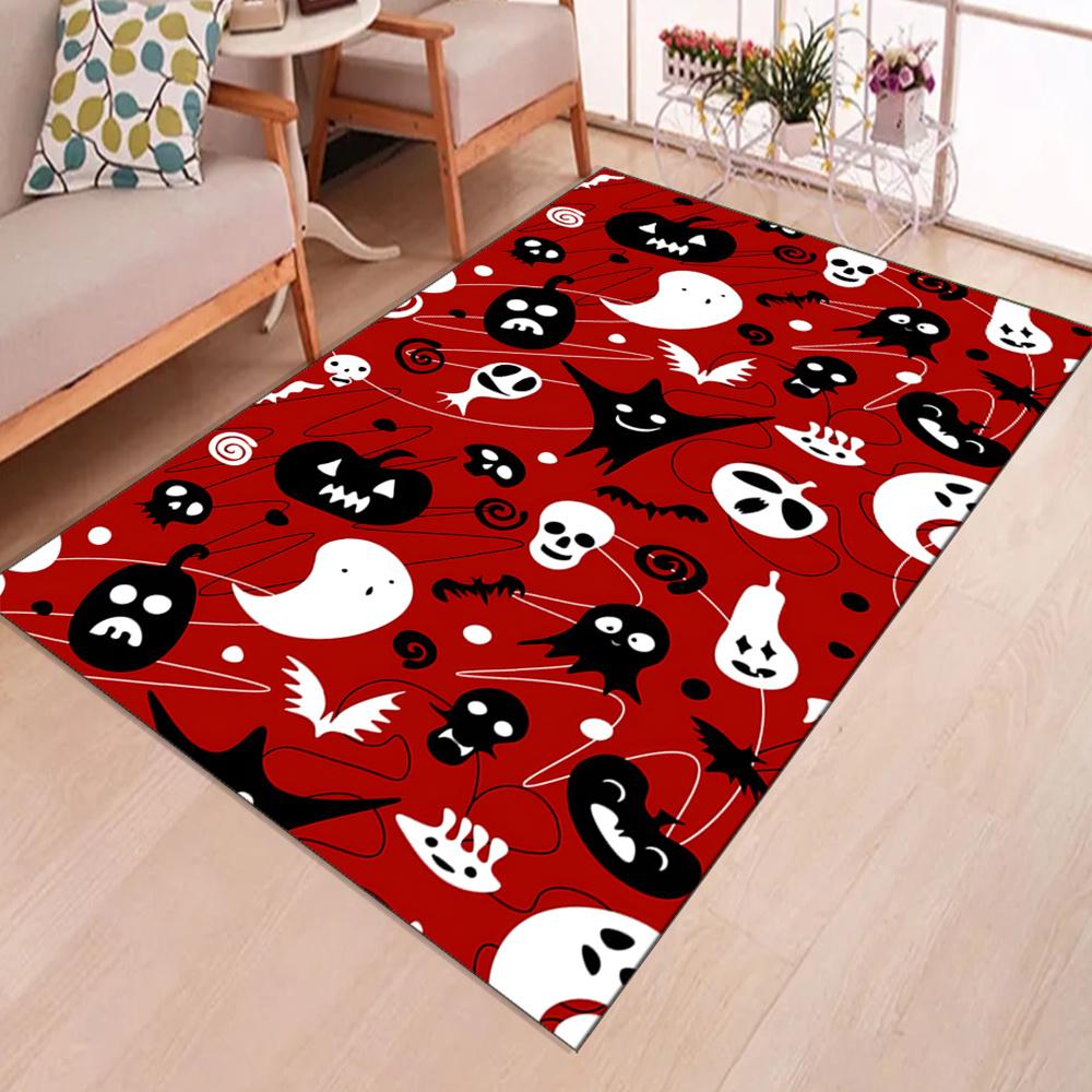Spooky Halloween Area Rug - Vibrant Red with Ghosts, Bats, and Skulls Design, Soft Polyester Crystal Velvet, Perfect for Living