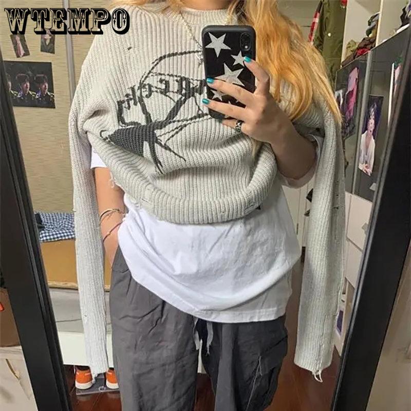 WTEMPO Spider Printed Harajuku Grey Sweater Women Gothic Vintage Ripped Grunge Y2K Jumper Streetwear Korean Casual Hiphop Pullover