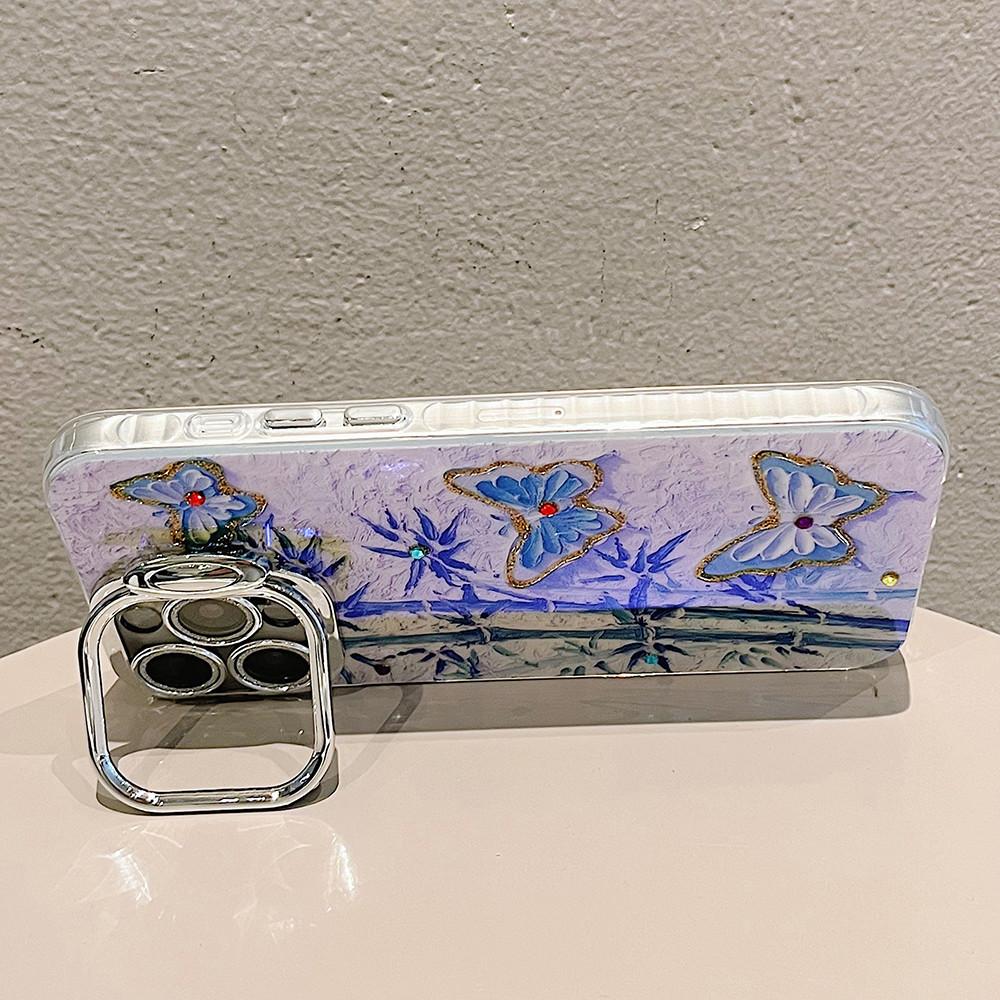 with Invisible lens bracket protective film Phone Case For iPhone 15 14 Plus 11 12 13 Pro Max 12pro 14pro Green Bamboo Butterfly Pattern Back Cover