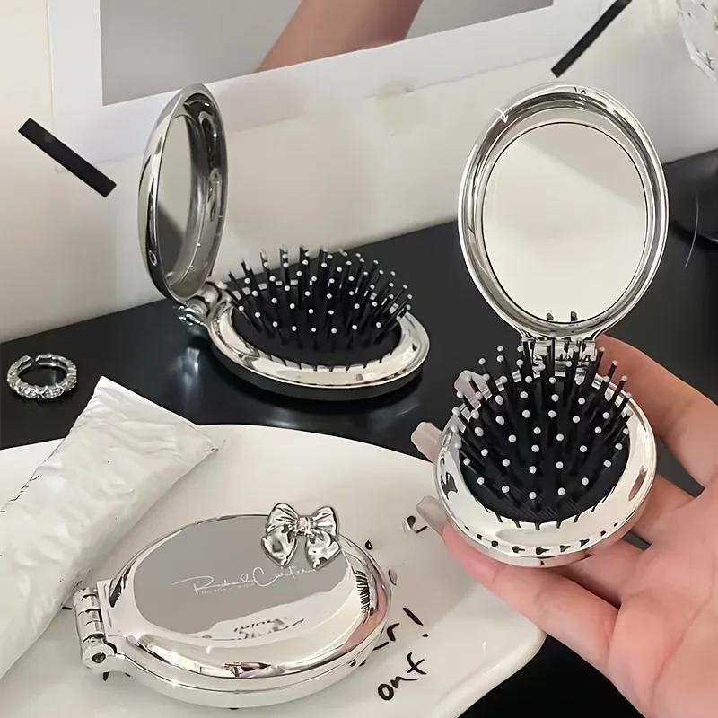 Tragbarer Mini-Haarkamm in Schleifenform - Nylonborsten Faltbares Luftkissen für normales Haar Reisefreundliches Styling-Tool mit Spiegel