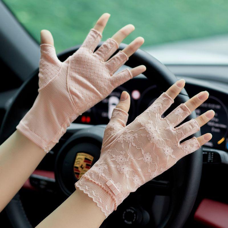 

Spring 2025 New Arrival Driving Lace Half Finger Sun-Proof Gloves Women s Summer Thin Ice Silk Short-Style Leaky Finger Touch Screen Pink One size
