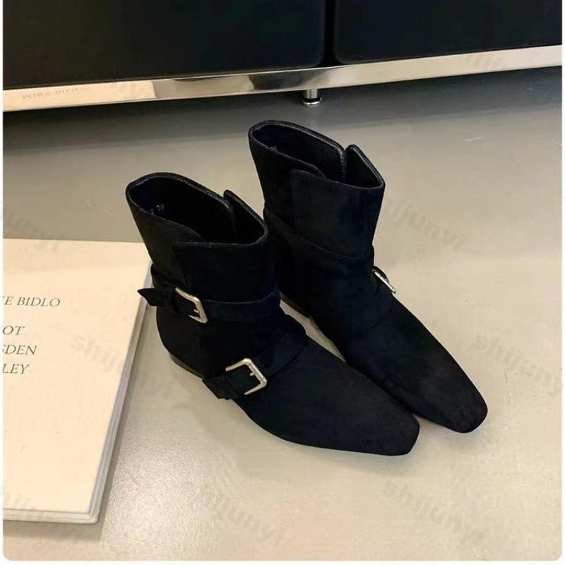 

Woman Short Boots Autumn Suede Leather Square Toe Women Heel Midsole Boots Low Heel Buckle Strap Retro Botas Para Mujer 35
