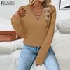 ZANZEA Women Casual V-Neck Long Sleeve Autumn Knitted Sweater