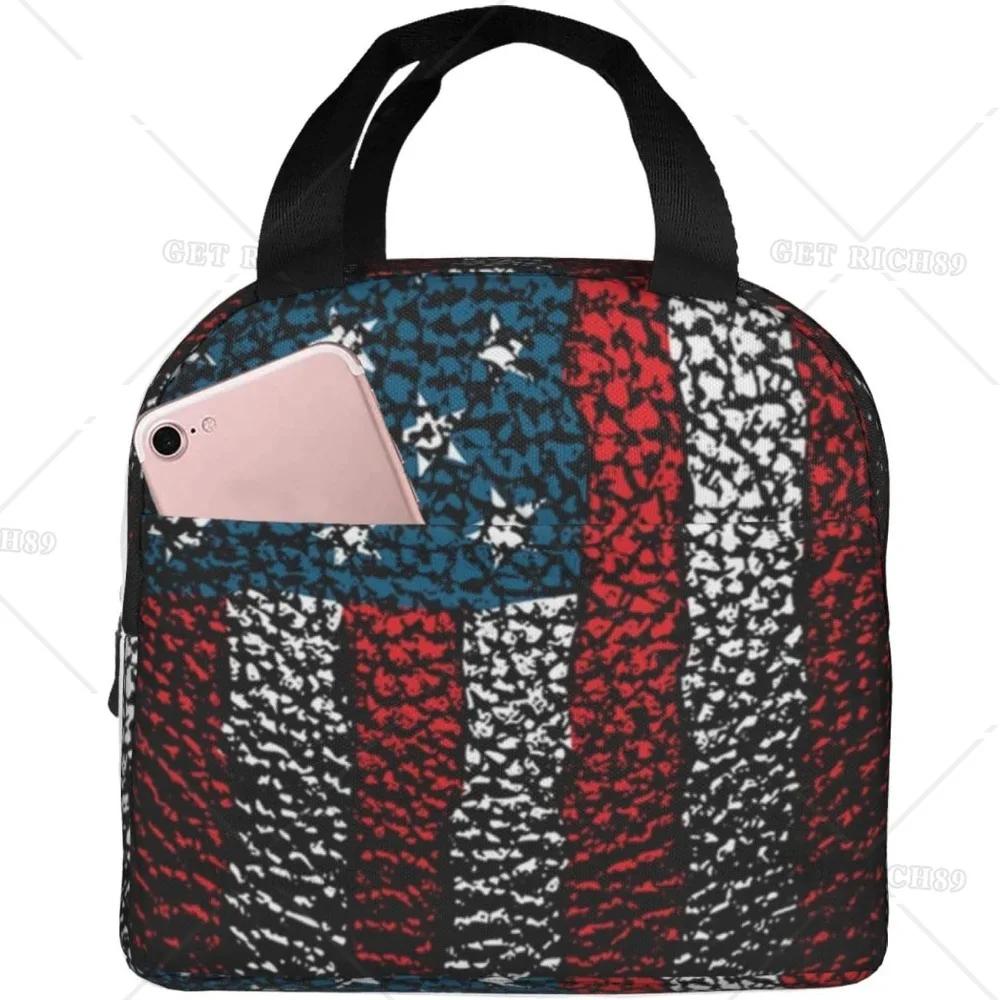 American Usa Flag Lunch Tote Bag for Women Men Reusable Insulated Cooler Lunch Box Container with Pocket for Work Office Trip