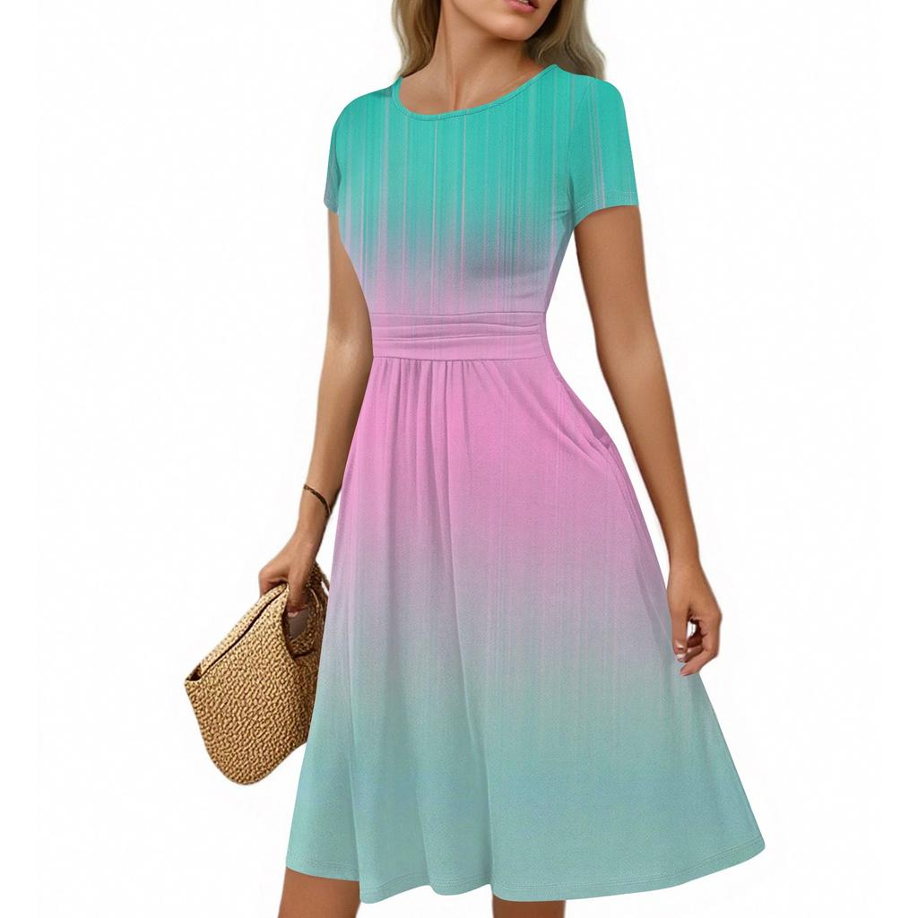 Damska codzienna moda okrągły dekolt plisowany krótki rękaw gradientowa spódnica A-line sukienka midi
