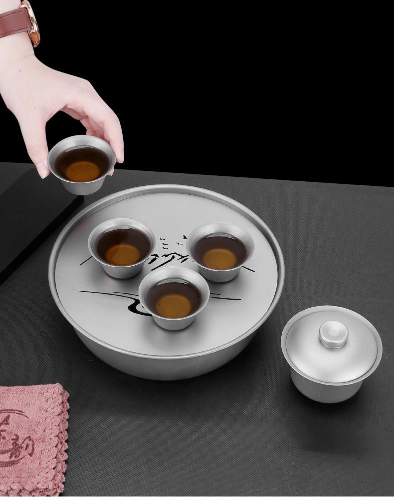 Pure Titanium Tea Tray: Mountain & Water Design, Large Capacity, Chaoshan Gongfu Tea Set, Round Base, Healthy Tea Ceremony Table.