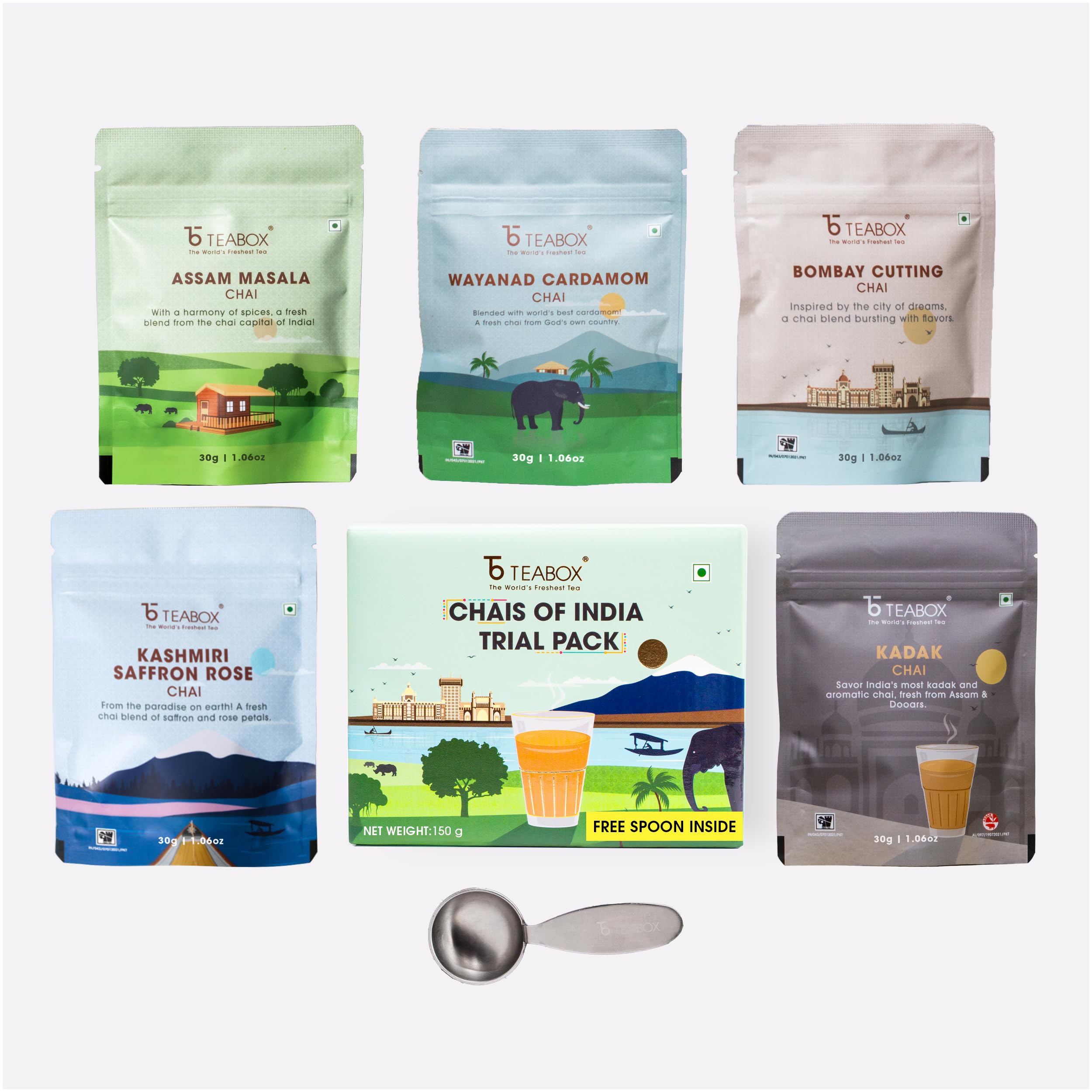 

Teabox Premium Chais of India Collection With Real Ingredients & NO ARTIFICIAL FLAVOURS | 5 Exotic Regional Varieties X 30G Each | Crafted in Small