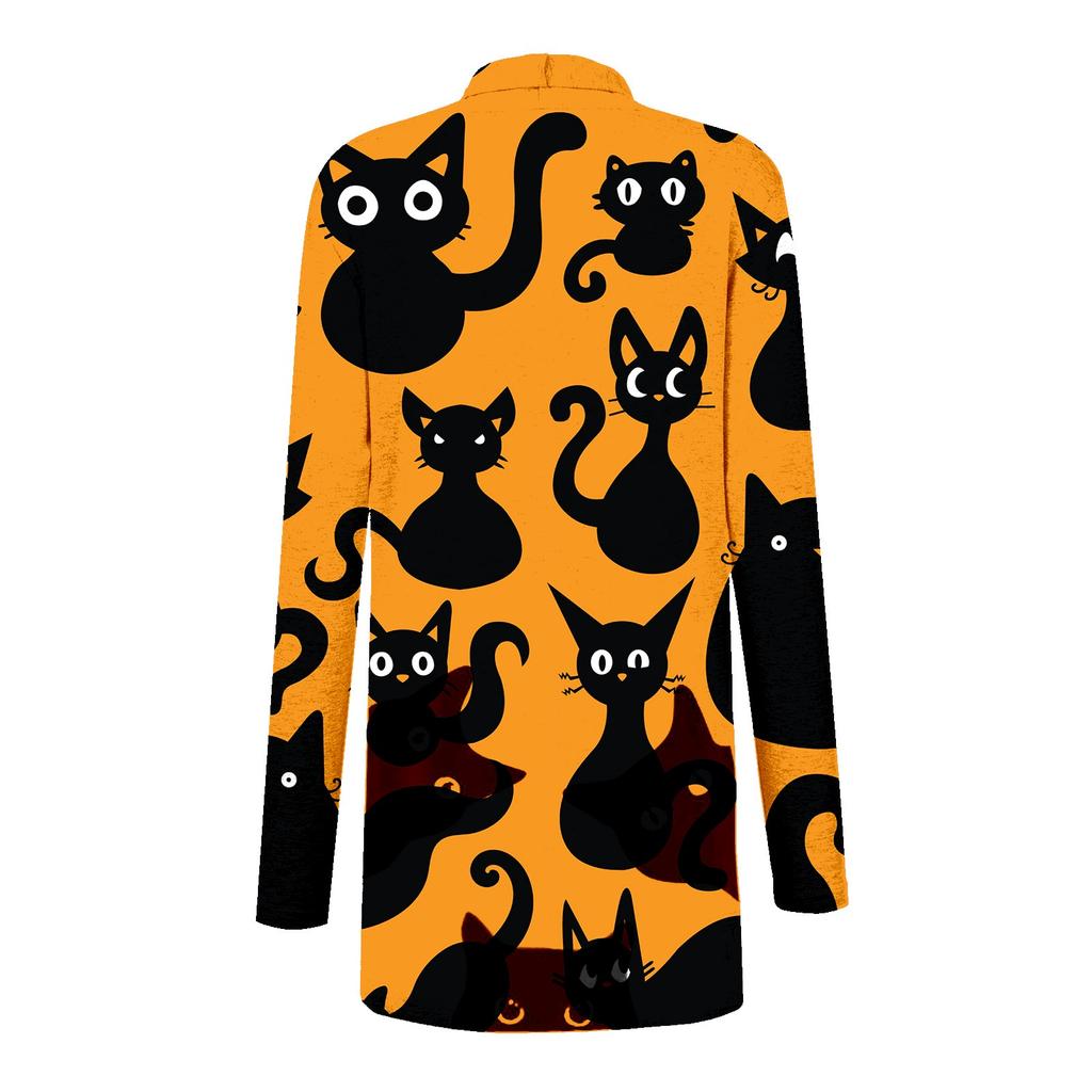 Fashion Women's Halloween  Cat  Print Long Sleeve Cardigan Jacket
